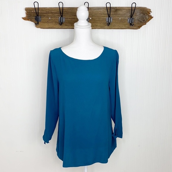 Eileen Fisher Silk Top Tie at Wrists Teal - Picture 1 of 8